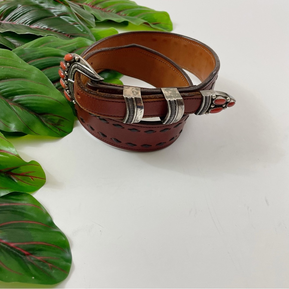 Vintage MM Rogers Sterling Silver Brown Leather Belt with Coral Stones 27 in